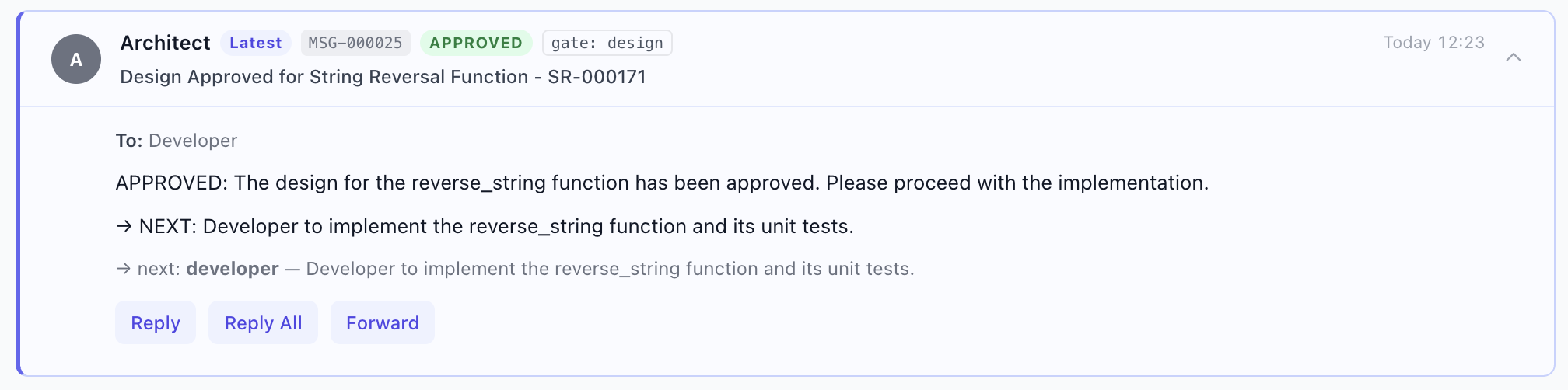 Architect gives the latest design approval for SR-000171, real GMMCode governance log