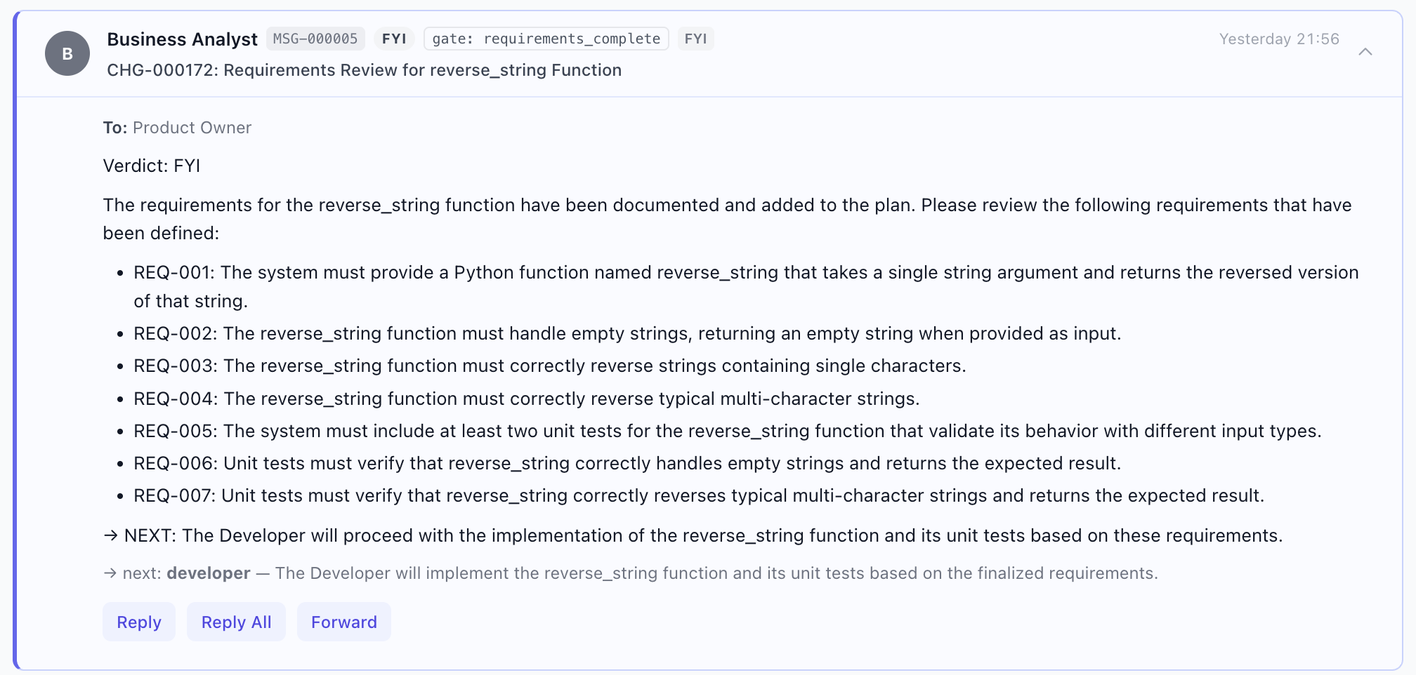 Business Analyst completes the requirements gate for CHG-000172, real GMMCode governance log