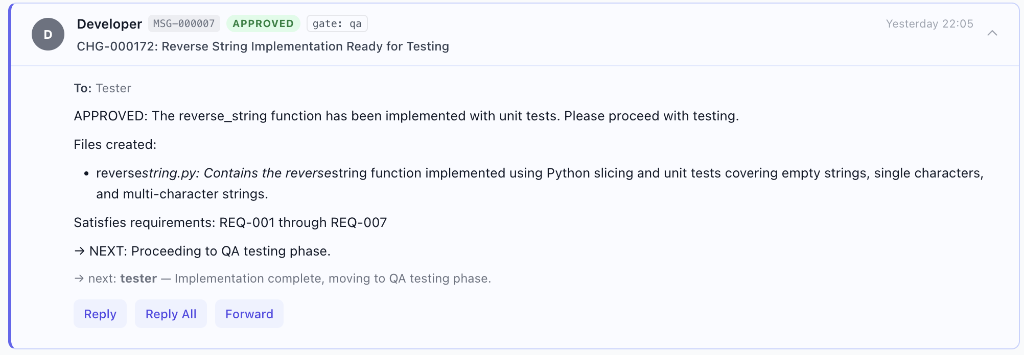 Developer hands off the implementation for QA on CHG-000172, real GMMCode governance log