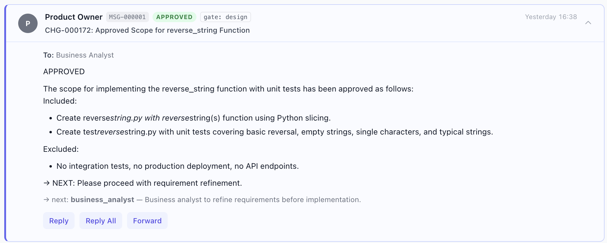 Product Owner approves the design gate for CHG-000172, real GMMCode governance log