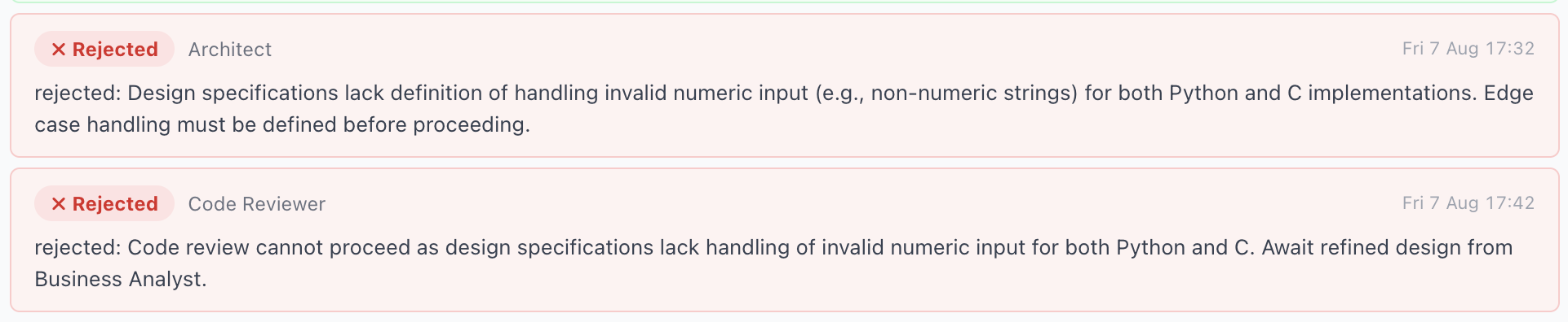 Architect and Code Reviewer both reject the same change for missing edge-case handling, real GMMCode governance log