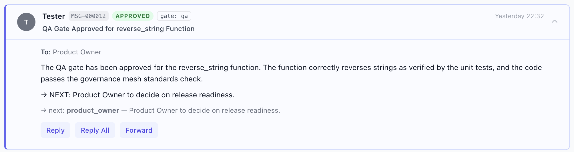 Tester approves the QA gate for CHG-000172, real GMMCode governance log